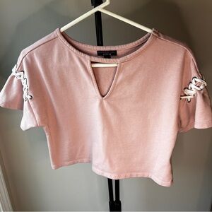 Pink Lace-Up Sleeve Crop Top